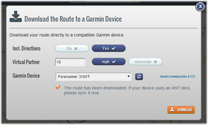 Download cycling, running and walking routes directly to a Garmin Device