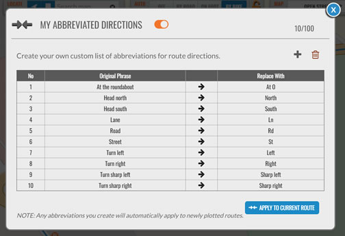 Create your own abbreviations for directions on the plotaroute.com route planner