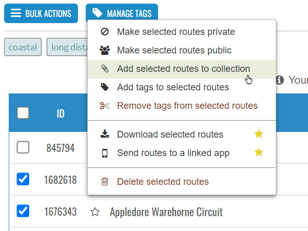 Add selected routes to a route collection