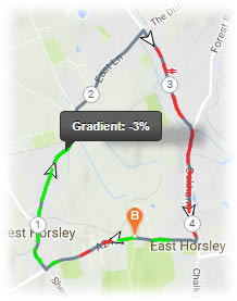 Moving your mouse over the route show the gradient