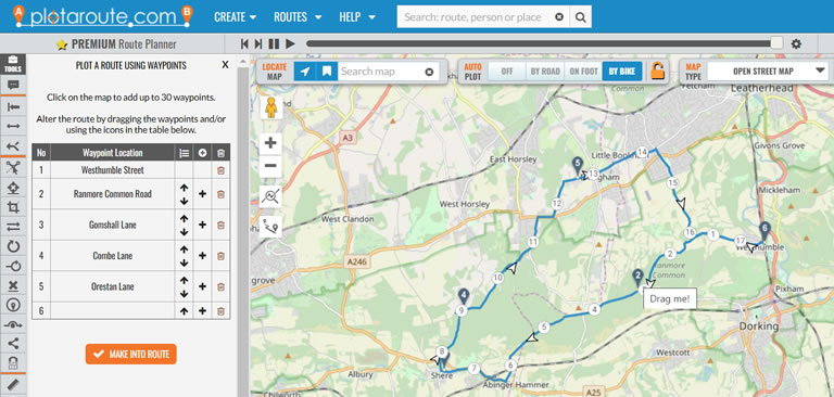 Quickly plot a route with draggable waypoints on the plotaroute.com route planner