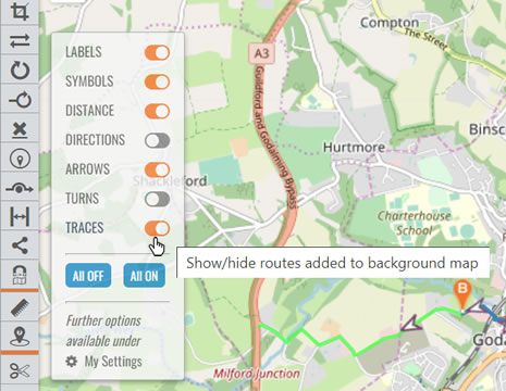 Toggle the display of routes added to the background map